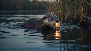 An otter swims in a serene waterway, holding a glowing object in its mouth. photo