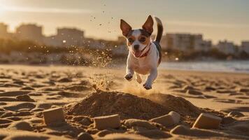 A playful dog leaps joyfully on a sandy beach during sunset, creating a lively scene. photo