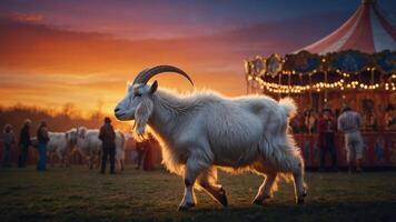 A goat walks through a carnival scene at sunset, with a carousel in the background. photo