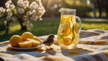 A refreshing pitcher of lemonade with lemons and a small bird on a picnic blanket. photo