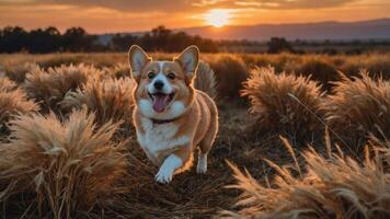 A happy corgi running through tall grass at sunset, capturing a joyful moment in nature. photo