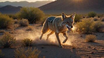 A coyote running through a desert landscape at sunset, kicking up dust. photo