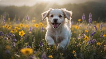 A joyful puppy runs through a vibrant flower field, capturing the essence of playfulness. photo