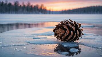 A pine cone rests on ice by a lake at sunset, capturing a serene winter landscape. photo