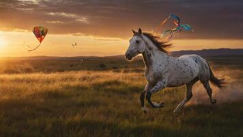 A white horse gallops through a grassy field at sunset, with a hot air balloon in the background. photo