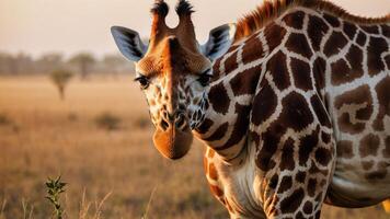 A close-up view of a giraffe in a natural grassland setting during sunset. photo