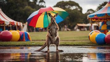 A kangaroo stands under a colorful umbrella in a festival setting with tents and balls. photo