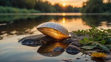 A clam shell rests on a rock by a serene river at sunset, reflecting warm colors. photo
