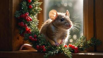 A mouse perched on a festive wreath by a window, capturing a cozy holiday atmosphere. photo