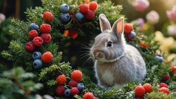 A cute rabbit surrounded by a colorful wreath of berries and greenery. photo