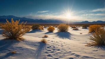 A serene desert landscape at sunset with gentle dunes and sparse vegetation. photo
