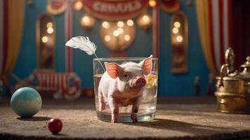 A small piglet stands in a glass bowl with a feather, set in a colorful carnival backdrop. photo