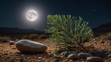 A serene night scene featuring a pine branch, a stone, and a bright full moon in the desert. photo