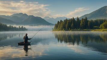 A serene fishing scene at dawn with mountains and mist reflected in calm waters. photo