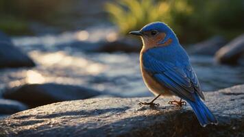 A bluebird perched on a rock near a flowing stream during golden hour. photo