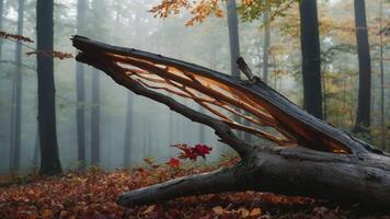A tranquil forest scene with a fallen log, autumn foliage, and misty atmosphere. photo