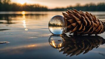 A pinecone rests near a reflective crystal ball on a serene water surface at sunset. photo
