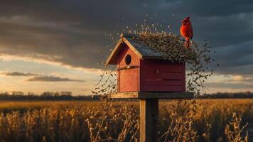 A cardinal perched on a birdhouse at sunset, surrounded by fields and dramatic clouds. photo