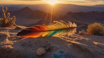 A colorful feather rests on rocky terrain with a sunset backdrop. photo