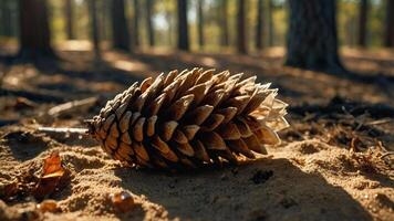 A close-up of a pine cone resting on the forest floor, surrounded by trees and soft lighting. photo