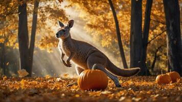 A kangaroo hops through a vibrant autumn landscape with pumpkins. photo