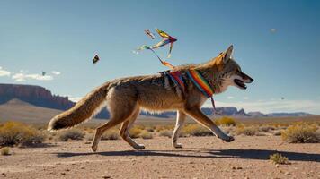 A coyote adorned with colorful ribbons runs through a desert landscape. photo