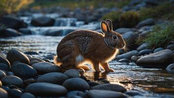 A rabbit stands by a stream, illuminated by soft evening light, surrounded by smooth stones. photo