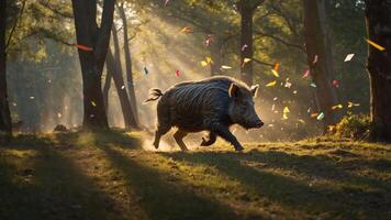 A wild boar running through a forest with colorful leaves in the air. photo