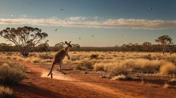 A kangaroo leaps across a dusty path in a vast Australian landscape at sunset. photo