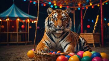 A tiger rests in a circus setting surrounded by colorful balls. photo