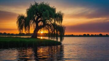 A serene sunset over a lake with a willow tree, creating a peaceful natural landscape. photo