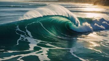 A powerful ocean wave crashing with sunlight reflecting on the water's surface. photo