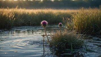 A serene landscape featuring purple flowers on a small island in a calm water body. photo