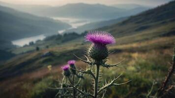 A thistle flower stands prominently against a scenic landscape with hills and a river. photo