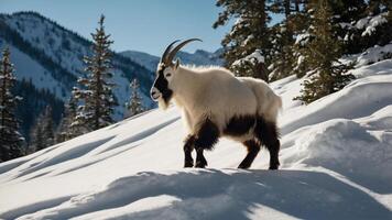 A mountain goat stands on snow-covered terrain with trees and mountains in the background. photo