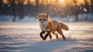 A fox running through the snow, capturing a moment of wildlife in a winter landscape. photo