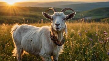 A goat stands in a sunlit field, surrounded by flowers and rolling hills at sunset. photo
