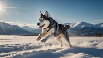 A husky dog joyfully running through snowy terrain with mountains in the background. photo