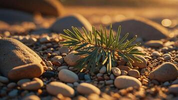 A close-up of a green sprig resting on smooth pebbles by a water's edge. photo