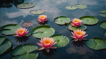 A serene pond with pink water lilies and green lily pads reflecting the sky. photo