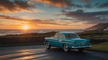 A vintage car parked by the ocean at sunset, capturing a serene travel moment. photo