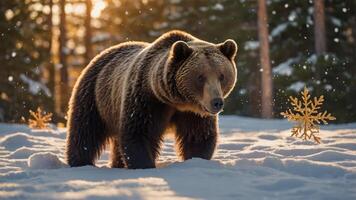 A grizzly bear walking through snow with a serene forest backdrop. photo