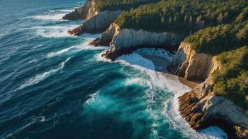 Aerial view of rugged coastline with waves crashing against cliffs and lush green forest. photo