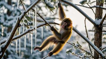 A monkey hanging from a snowy branch with icicles, showcasing a winter scene. photo