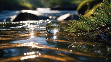 A crystal ball rests on a stream, reflecting nature and light amidst pine branches. photo