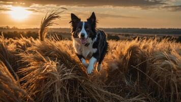 A playful dog running through golden fields at sunset, capturing a joyful moment in nature. photo