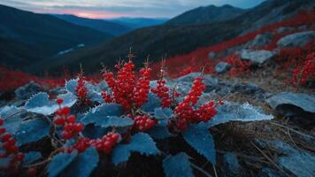 A close-up of vibrant red berries against a backdrop of rocky terrain and mountains at dusk. photo
