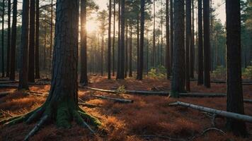 A serene forest scene with sunlight filtering through trees and soft foliage on the ground. photo