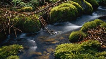 A serene stream flowing over moss-covered rocks in a tranquil natural setting. photo