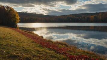 Serene lake view with autumn foliage reflecting in the water under a cloudy sky. photo